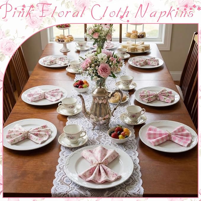 24 Pcs Floral Cloth Napkins 6 Patterns Washable Dinner Tea Party Napkins Reusable Plant Flowers Square Napkin Cotton Towel Decorative for Summer Wildflower Party(Bow Hydrangea) - Image 5