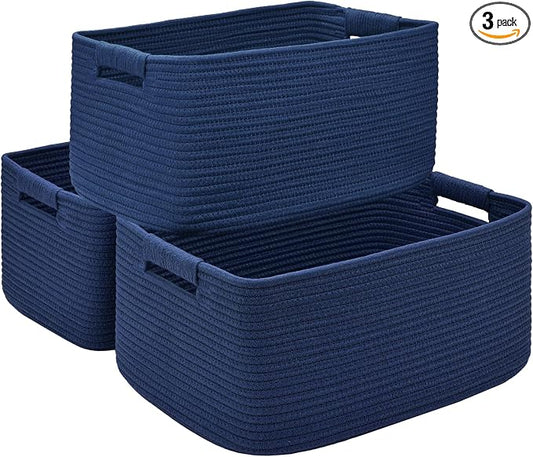 3 Pack Large Storage Basket for Organizing, 17.5"x13"x7" Woven Basket for Shelves, Closet Cube Storage Bins with Wrapped Handle, Cotton Rope Baskets for Kitchen, Clothes, Toys(Navy Blue) by Degeyoyo
