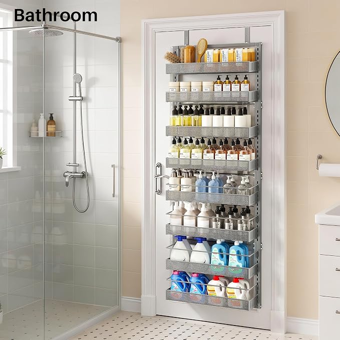 SNTD 8 Tiers Over the Door Organizer, 17" W x 6" D x 69" H, Grey | Pantry Door Organizers and Storage, Height Adjustable Spice Rack, Dense Mesh Baskets, Anti-Swing, Adjustable Door Fastener - Image 9