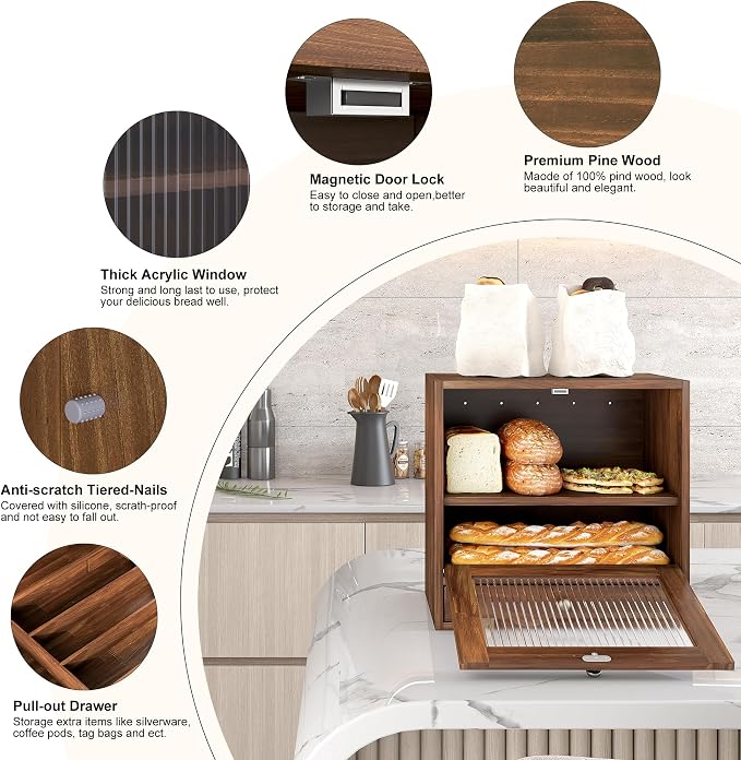 Alpeir Wooden Bread Box for Kitchen Countertop, Large Capacity with Ventilation Holes Adjustable Tiered-Shelf, Vintage Farmhouse Breadbox with Drawer & Window, Longer Freshness, Retro Brown - Image 7