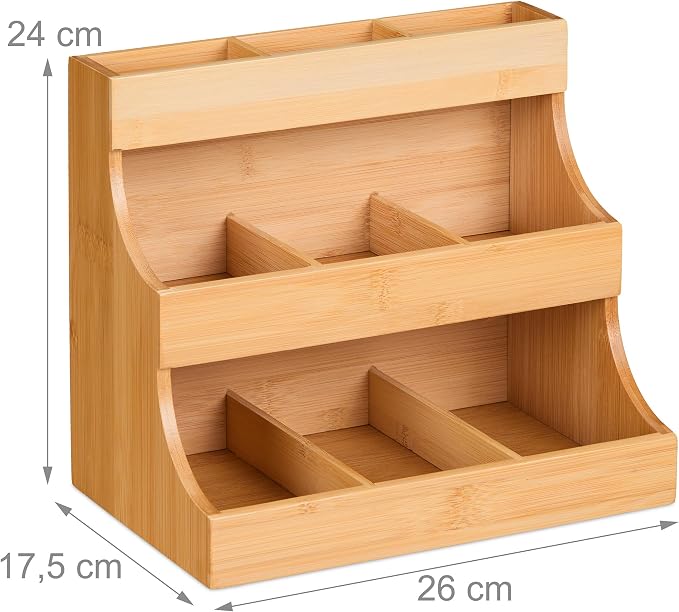 Relaxdays Tea Box, 9 Compartments, Organiser, Bag Storage, Bamboo, HWD: 24 x 26 x 17.5 cm, Vertical Tiered Rack, Natural, 24 x 26 x 17,5 cm - Image 4