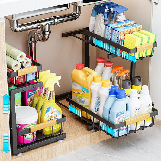 ADBIU Under Sink Organizer, 2 Pack 2 Tier Expandable Height (13.2" - 17.2") Pull out Kitchen Bathroom Cabinet Organizers and Storage Shelf by ADBIU