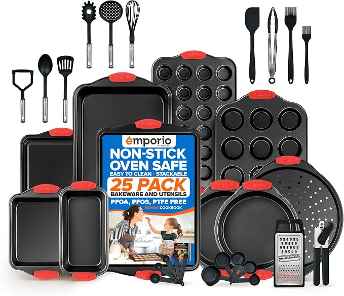Emporio Kitchen Baking Pan Set - Nonstick Coating, Carbon Steel Bakeware Set with Red Silicone Handles, PFOA, PFOS, PTFE Free, Recipe Booklet Included, Oven Safe Tray (Up To 450° F), Set of 25 - Black by Unknown