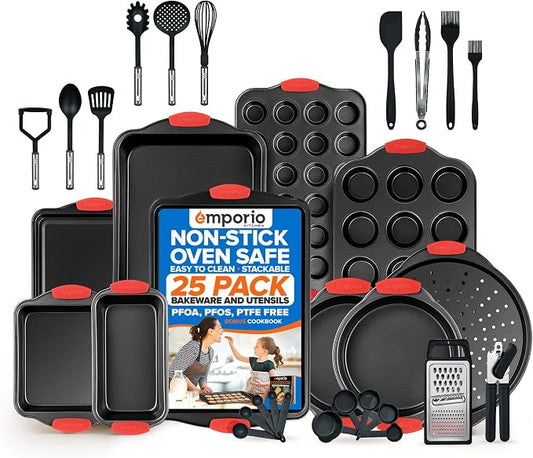 Emporio Kitchen Baking Pan Set - Nonstick Coating, Carbon Steel Bakeware Set with Red Silicone Handles, PFOA, PFOS, PTFE Free, Recipe Booklet Included, Oven Safe Tray (Up To 450° F), Set of 25 - Black by Unknown