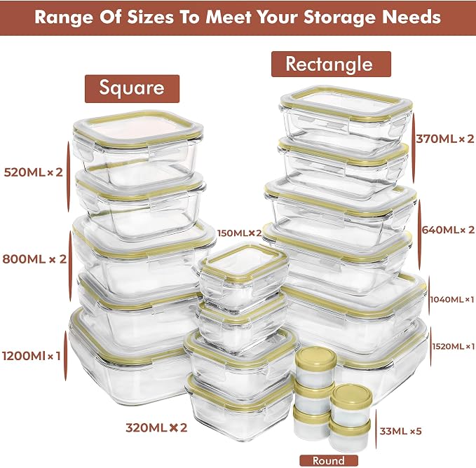 Razab 35 Pc Set Glass Food Storage Containers with Lids - Meal Prep Airtight Bento Boxes BPA-Free 100% Leak Proof (15 lids,15 glass & 5 Plastic Sauce/Dip Containers) - Image 2