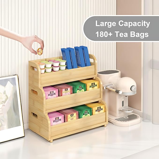 Wisuce 3-Tier Bamboo Tea Bag Organizer, Stackable Tea Holder for Countertop (Natural) - Image 2