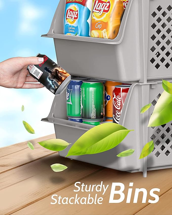Stackable Storage Bins Open Front for Pantry Storage, 4 Pack - Light Grey | Sturdy Plastic, Easy Stacking, Open Front Access, Ventilated Sides, Vertical & Space Saving Pantry Organizers and Storage Bin - Image 5