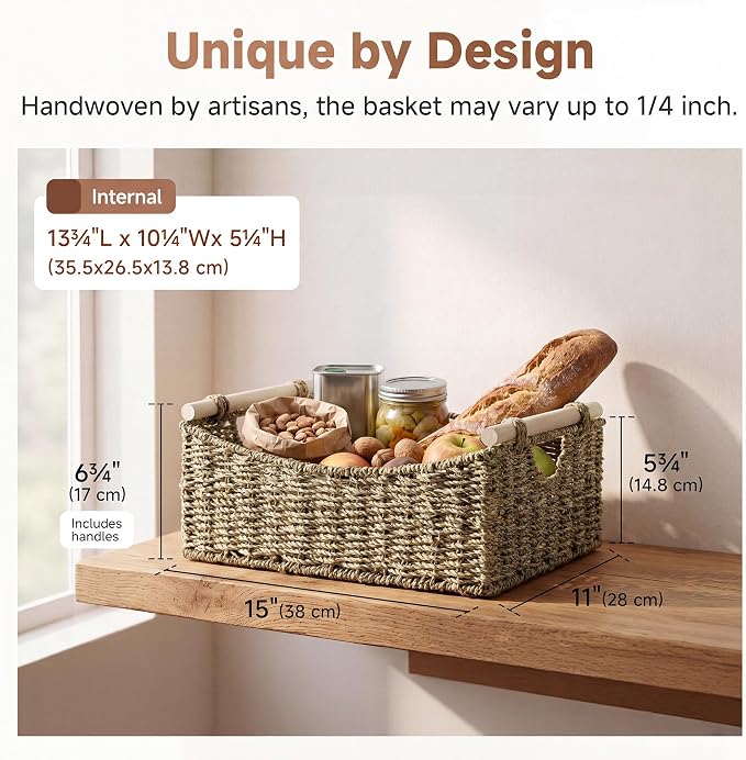 StorageWorks Large Wicker Baskets with Handles, Seagrass Basket, 1-Pack | Handwoven Wicker Baskets for Organizing,Seagrass Storage Basket,Woven Baskets for Storage,Wicker Basket Large,15" x 11" x 6¾" - Image 2