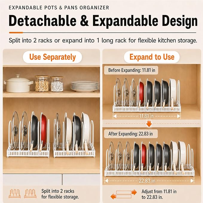 Pots and Pans Organizer Rack,Expandable Pot Lid Holder for Kitchen Cabinet | 11.81''-22.85'' Metal Rack with 12 Adjustable Dividers,Multifunctional Organizer for Cookware Bakeware Cutting Board Storage - Image 3