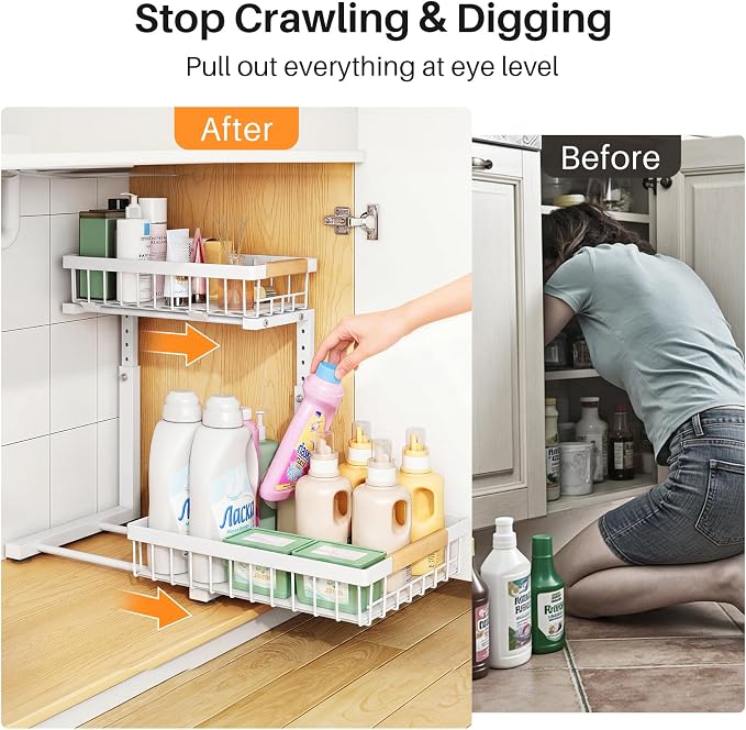 PXRACK Under Sink Organizer, Adjustable Height, 2 Tier Pull Out Under Cabinet Organizer, Slide Out Thickened Metal Under Sink Storage for Kitchen Bathroom Laundry Pantry Cabinet, White, Large-2-Pack - Image 4