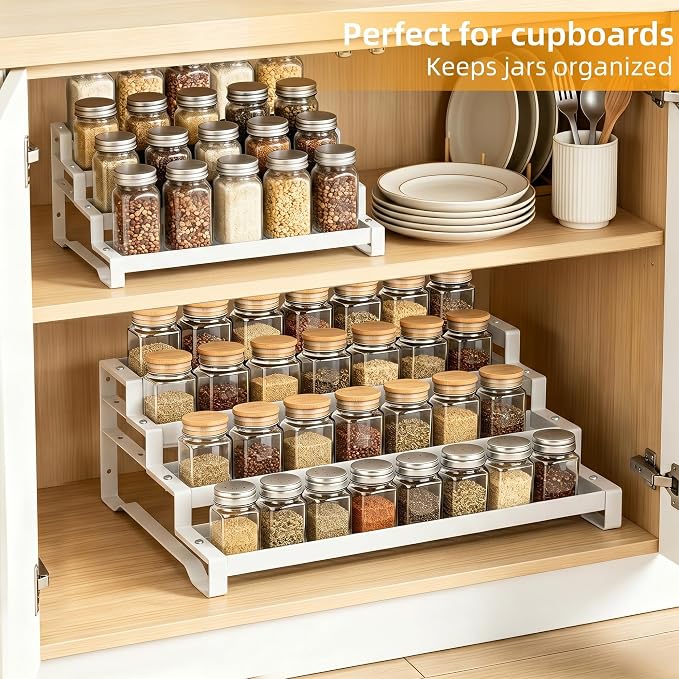 Spice Rack Organizer for Cabinet, 13-21.5" Expandable Spicy Shelf | 11.6" Depth 4-Tier White Metal Seasoning Organizer, Kitchen Spice Organization, Slip-Resistant Guardrails for Jars and Cans - Image 3