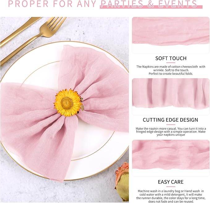 Teruntrue 100 Pack Light Pink Cloth Napkins Cheesecloth Napkins Set of 100 Gauze Napkins Bulk Washable Boho Dinner Table Napkins Wedding Party Baby Shower Birthday Party Decorations，20 x 20 Inch - Image 3