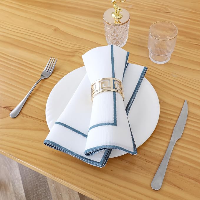 Majestic Giftware Set of 12 Polyester Napkins (NPK-NY) | White Navy Trim Design Dinner Napkins Cloth | Linen Look Washable Cloth Napkins Set for Weddings, Banquets, or Restaurants (20" x 20") - Image 3