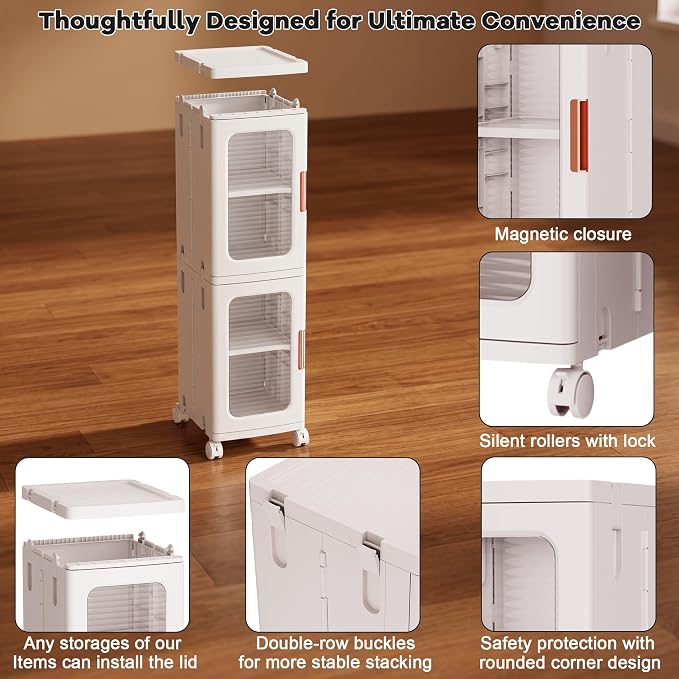 3-Tier Tall Narrow Plastic Storage Cabinet of 2, Foldable | Rolling Organizer with Lid,Doors,Stackable, Adjustable Shelves, Durable PP,Freestanding Bathroom Cabinet for Small Slim Space - Image 7