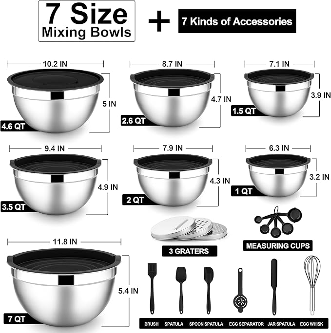 E-far Mixing Bowls with Lids Set, 21PCS Stainless Steel Salad Mixing Bowls with 3 Grater Attachments, Size 7, 4.6, 3.5, 2.6, 2, 1.5, 1QT, Nesting Design & Black Airtight Lid, For Baking/Prepping - Image 5