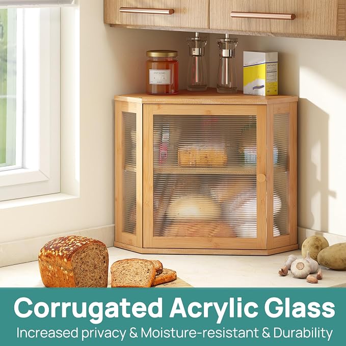 viewcare Corner Bread Box for Kitchen Counter, Bamboo Wood Large Capacity Bread Storage Bin with Acrylic Wavy Door Panel (Natural, Meduim) - Image 3