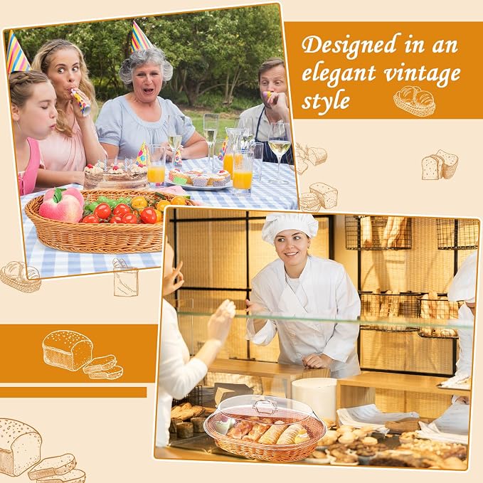 Hushee 2 Set Imitation Rattan Bread Basket with Lid Wicker Bread Baskets for Serving Woven Fruit Basket with Cover Oval Food Baskets for Food Vegetables Display(13.78 x 9.84 Inch) - Image 7