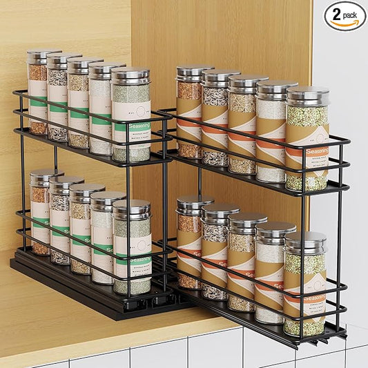 Mystozer Pull Out Spice Rack Organizer for Cabinet, Slide Out Spice Racks, Easy to Install Spice Cabinet Organizers, 5.28" Wx10.43 Dx8.26 H, 2 Drawers 2 Tiers(Black) by Mystozer