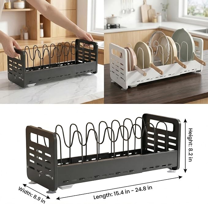 Pots and Pans Organizer Under Cabinet, Expandable Pot Lid Organizer | Adjustable Heavy Duty Rack with Removable Drip Tray, Expands 15.4"–24.8", Ideal for Kitchen Cabinets and Countertops. - Image 8