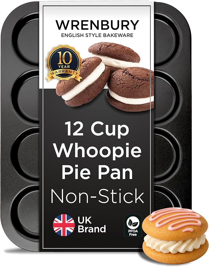Wrenbury Nonstick Whoopie Pie Pan 12-Cup for Muffin Top - Carbon Steel Shallow Baking Tray for Macarons Cookies Yorkshire Puddings Cornbread & Burger Buns by Wrenbury