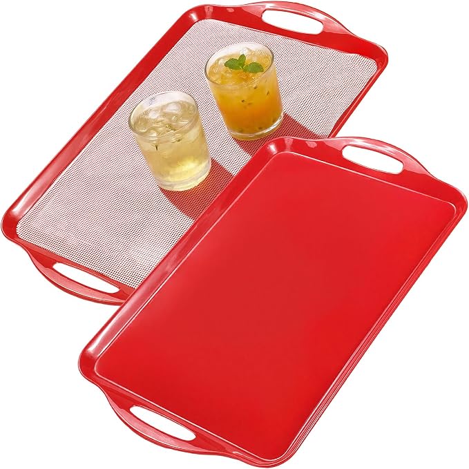 Extra Large Melamine Platters, Serving Tray with Handles for Cookie, Cupcakes, Desserts, Dishwasher Safe, Ottoman Tray Decor, Set of 2, 2 pcs Mats Included (Red, 19''x11.6'') by BEESEBN