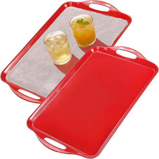 Extra Large Melamine Platters, Serving Tray with Handles for Cookie, Cupcakes, Desserts, Dishwasher Safe, Ottoman Tray Decor, Set of 2, 2 pcs Mats Included (Red, 19''x11.6'') by BEESEBN
