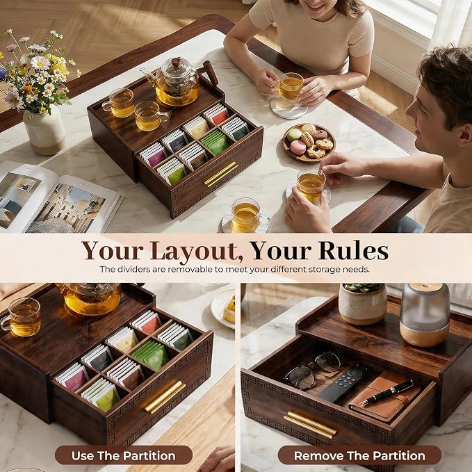 Acacia Wood Tea Bag Organizer with Storage Drawer | 8 Compartments Tea Caddy with Pattern Carving & 2 Ceramic Absorbent Coasters | Wooden Teabag Holder Tea Organizers for Countertop (Walnut) - Image 5