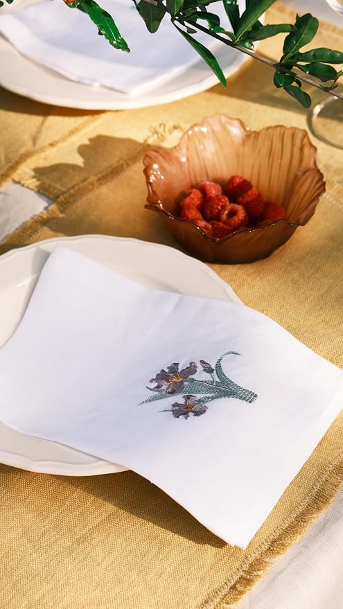 White Linen Napkins Set of 4-100% Pure Linen Embroidered Dinner Napkins 19 x 19 Inch for Spring, Summer Memorial Day - Botanical Embroidery (Lily Garden Collection) (Iris Garden Collection) - Image 4