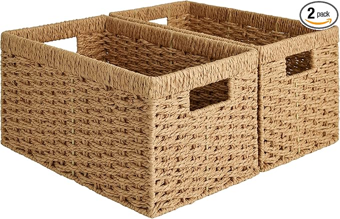 StorageWorks Wicker Storage Baskets for Shelves, Paper Rope Basket, 2-Pack | Rectangular Wicker Storage Baskets, Wicker Basket with Handles, Pantry Organizer and Storage, Woven Baskets,13"L x 8¼"W x 7"H by StorageWorks