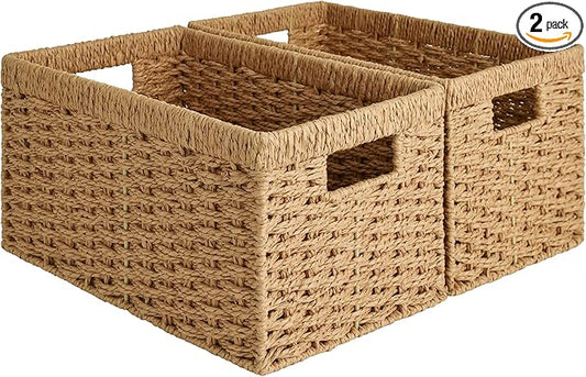 StorageWorks Wicker Storage Baskets for Shelves, Paper Rope Basket, 2-Pack | Rectangular Wicker Storage Baskets, Wicker Basket with Handles, Pantry Organizer and Storage, Woven Baskets,13"L x 8¼"W x 7"H by StorageWorks
