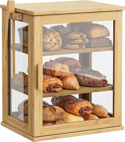 WOWLIVE Bread Box for Kitchen Countertop, 3 Layers Bread Storage Container | Large Bamboo Bread Bin for Homemade Bread with Window, Farmhouse Breadbox Organizer for Kitchen, Cabinet, Natural, Meduim by WOWLIVE