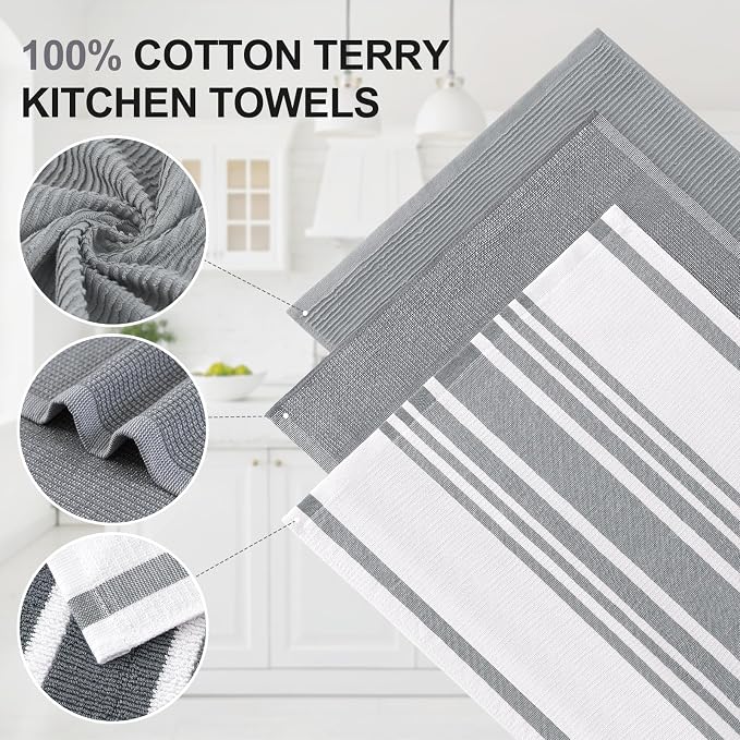 Homaxy Cotton 380 GSM Premium Kitchen Towels, 18"x 28", 3 Pack, Grey | Soft and Absorbent Terry Dish Towels, Multipurpose Tea Towel Set with Hanging Loop, 3 Styles Kitchen Hand Towels - Image 2