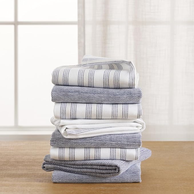 KitchenAid Chambray Stripe Kitchen Towels 8-Pack, Absorbent 100% Woven Cotton, Ink Blue/White, 17”x28” - Image 5