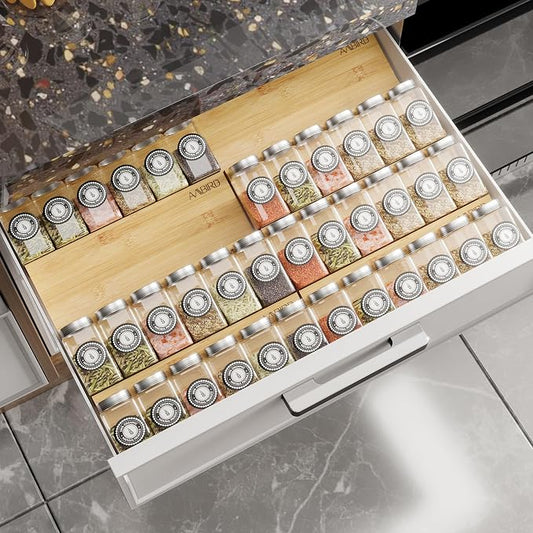 AMBIRD Bamboo Spice Drawer Organizer with Non-slip Mat,4 Tier - 2 Set Jar Spice Rack Tray From 12''to 24'',Hold up 48 Jars Seasoning Organizer for Kitchen,Cabinet,Drawers,Countertop by AMBIRD