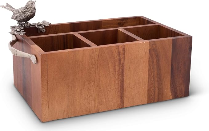 Caddy Rectangle Acacia Wood Flatware/Serve ware/Utensil/Carry-All Holder Solid Pewter Song Bird Accent and Real Leather Handles, 3 Small and 1 Larger Compartment 13.5 inch Long - Image 2