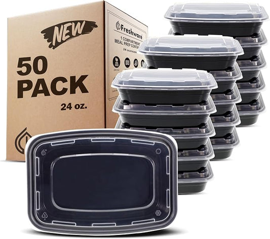Freshware Meal Prep Containers [50 Pack] 1 Compartment with Lids, Food Storage Containers, Bento Box, BPA Free, Stackable, Microwave/Dishwasher/Freezer Safe (24 oz) by Freshware