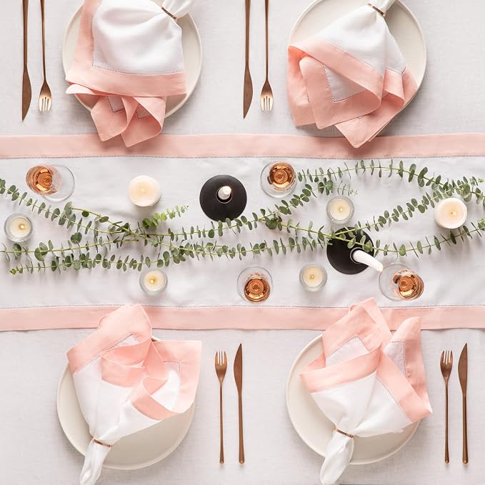 Linen Dinner Napkins 20 x 20 inch - 100% Pure Linen White and Pink Dinner Cloth Napkins Set of 4 - Classic Hemstitch Cloth Napkins Washable for Spring and Easter Decor - Image 3