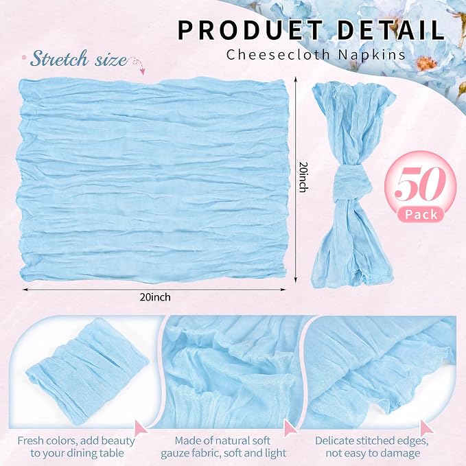 50 Pack Light Blue Cheesecloth Napkins 20"x20" Boho Washable Cloth Napkins Set of 50 Wrinkled Cheese Cloth Napkins Gauze Dinner Table Napkin for Wedding Baby Shower Birthday Party Decor - Image 2
