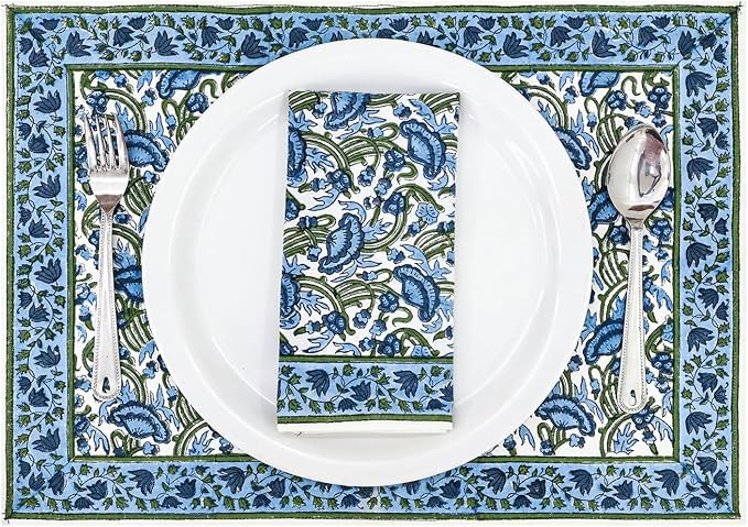 Handblock Print 100% Cotton Napkins Set of 4, Green Blue Washable and Durable Everyday Use Cloth Napkins for Picnic Party Dining Kitchen Home Decor Christmas Gifting 20 X 20 Inches - Image 6