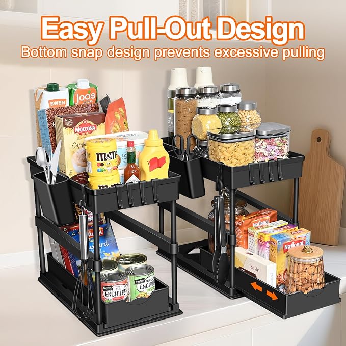 JPart Under Sink Organizer, Kitchen Organizers and Storage, 2-Tier Bathroom Cabinet Organizer with Sliding Drawers, Thickened Construction with Hooks Hanging Cup for Kitchen & Bathroom, 2 Pack - Image 5
