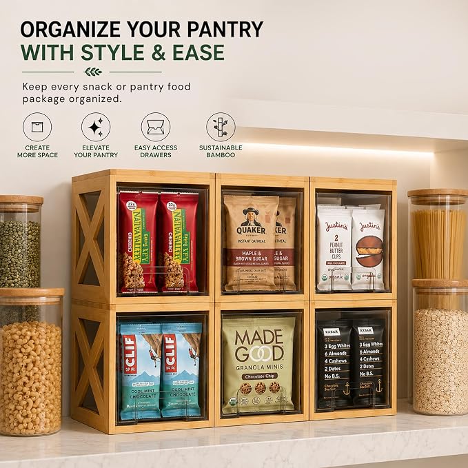 Bamboo Pantry Drawer Organizer, Stackable Pull-Out Storage Bins, 2-Pack | Countertop organizer, snack storage, coffee pod holder, pantry organization, kitchen storage - Image 2