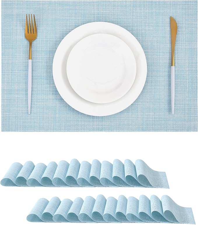 Leetaltree Soft Sky Blue Woven Placemats Set of 24 - Heat Resistant Non-Slip Place mats for Dining Table, Washable Durable PVC Vinyl Woven Table Mats(Sky Blue, 24) by Leetaltree-ArtatEveryTable