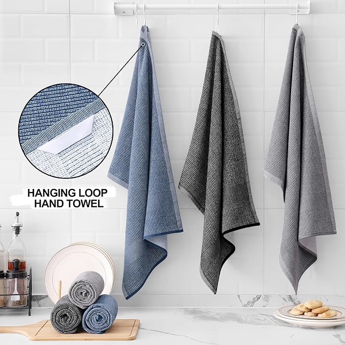 Homaxy 380 GSM Cotton Premium Kitchen Towels 3 Pack, 18"x 28", Mix | Flat and Terry Dish Towels, Highly Absorbent Tea Towel Set with Hanging Loop, Soft Kitchen Hand Towels, Navy/Grey/Black - Image 3