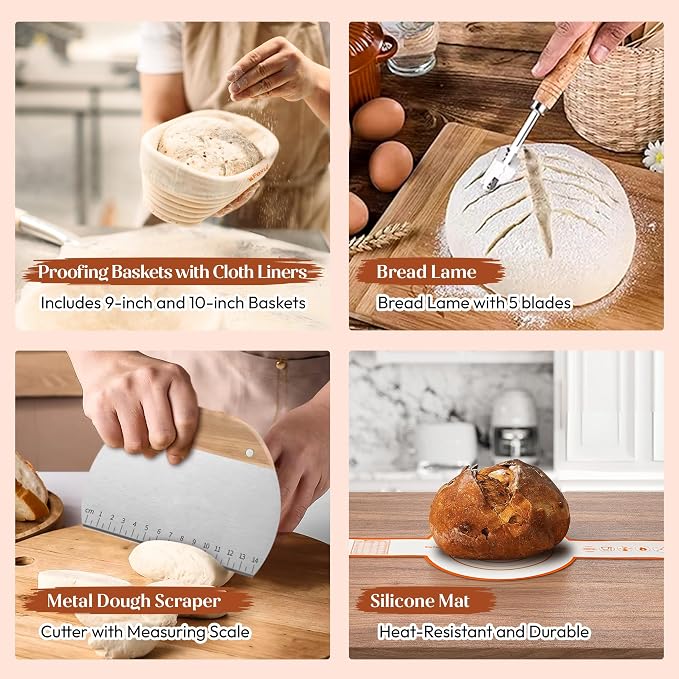 Sourdough Starter Kit with 9” Round & 10” Oval Banneton Bread Proofing Baskets, 24oz Starter Jar, Recipe Book & Tools – Complete Sourdough Bread Baking Supplies with Whisk, Scraper & Accessories - Image 3