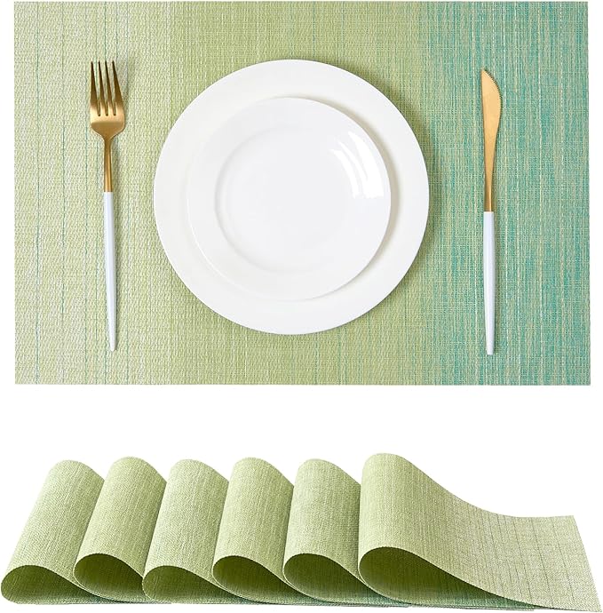 Leetaltree Gradient Green Woven Placemats Set of 6 - Heat Resistant Non-Slip Place mats for Dining Table, Washable Durable PVC Vinyl Woven Table Mats(Gradient Green, 6) by Leetaltree-ArtatEveryTable