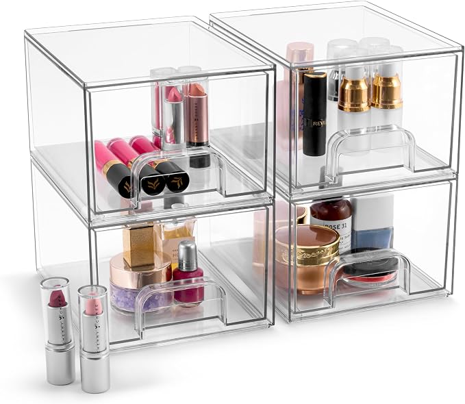 Sorbus Acrylic Storage Containers - 4 Pack, Stackable Storage Bins Set for Bathroom Organization - Clear Acrylic Drawer Organizers - Makeup Case Pull-Out Drawers (4.4’’ Tall) - Image 8