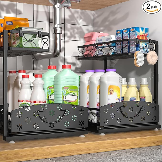 2-Pack 2-Tier Height Adjustable Under Sink Organizer & Storage | Multi-purpose storage for kitchen & bathroom cabinet. Extra Large metal shelf, height adjustable design for space-saving. by Sevenblue