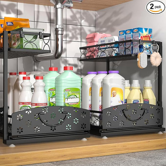 2-Pack 2-Tier Height Adjustable Under Sink Organizer & Storage | Multi-purpose storage for kitchen & bathroom cabinet. Extra Large metal shelf, height adjustable design for space-saving. by Sevenblue