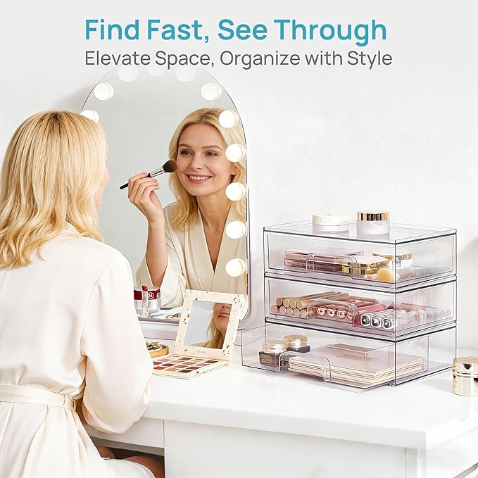 Vtopmart Clear Stackable Storage Drawers, 2 Pack Wide Plastic Organizers | Clear Pull-Out Plastic Drawers, Stackable Design for Makeup Palettes, Cosmetics, Beauty Supplies, Vanity, Cabinet and Desk - Image 5