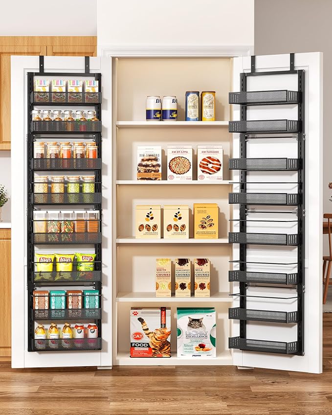 SNTD 8 Tiers Narrow Over the Door Organizer, 12.3"W x 4.7"D x 69"H, Black | Pantry Door Organizers and Storage, Height Adjustable Spice Rack, Dense Mesh Baskets, Anti-Swing, Adjustable Door Fastener by SNTD